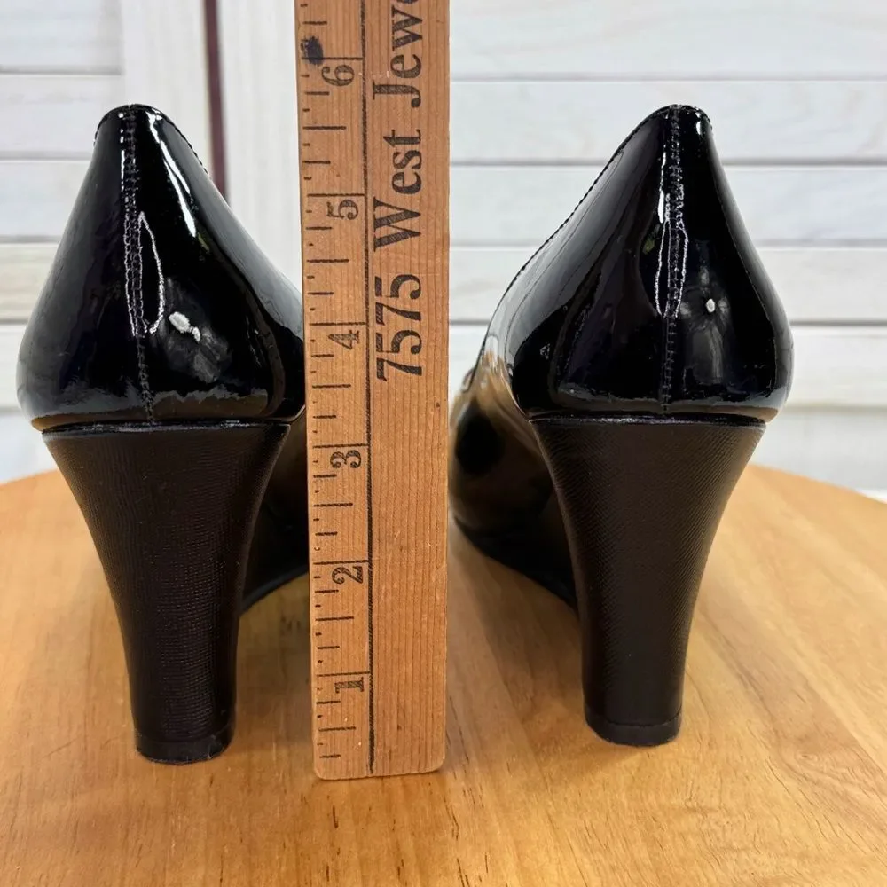 Lilly Pulitzer Patent Leather Peep Toe Wedge Heels Black 36.5 US‎ 6